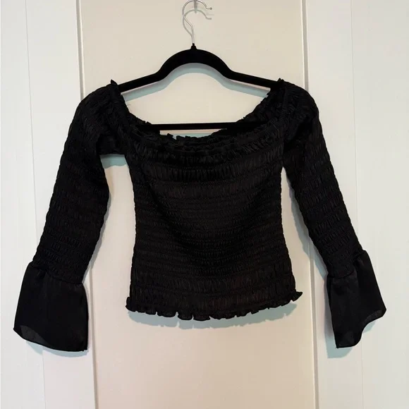 FRAME Smocked Off Shoulder Top in Black Size XS - Picture 10 of 16